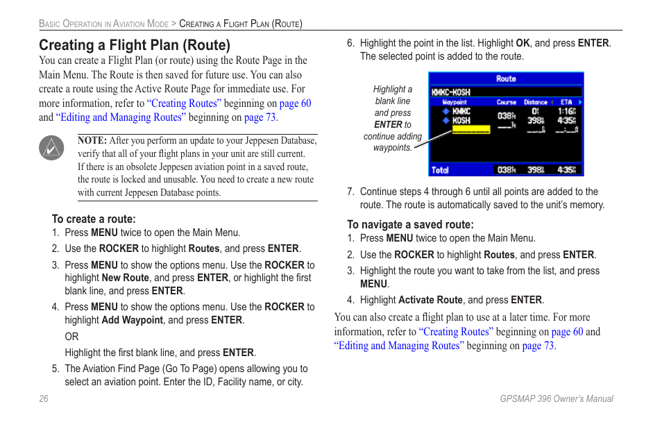 Creating a flight plan (route) | Garmin GPSMAP 396 User Manual | Page 34 / 192