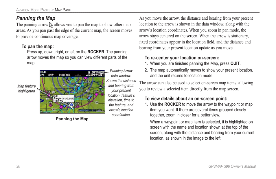 Panning the map | Garmin GPSMAP 396 User Manual | Page 38 / 192