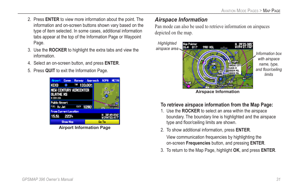 Airspace information | Garmin GPSMAP 396 User Manual | Page 39 / 192