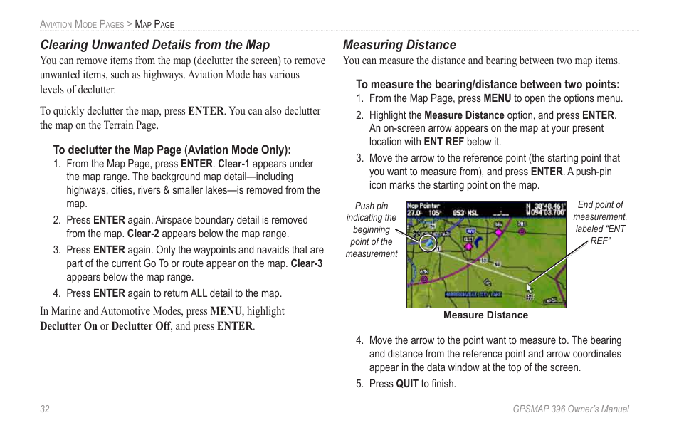 Clearing unwanted details from the map, Measuring distance | Garmin GPSMAP 396 User Manual | Page 40 / 192