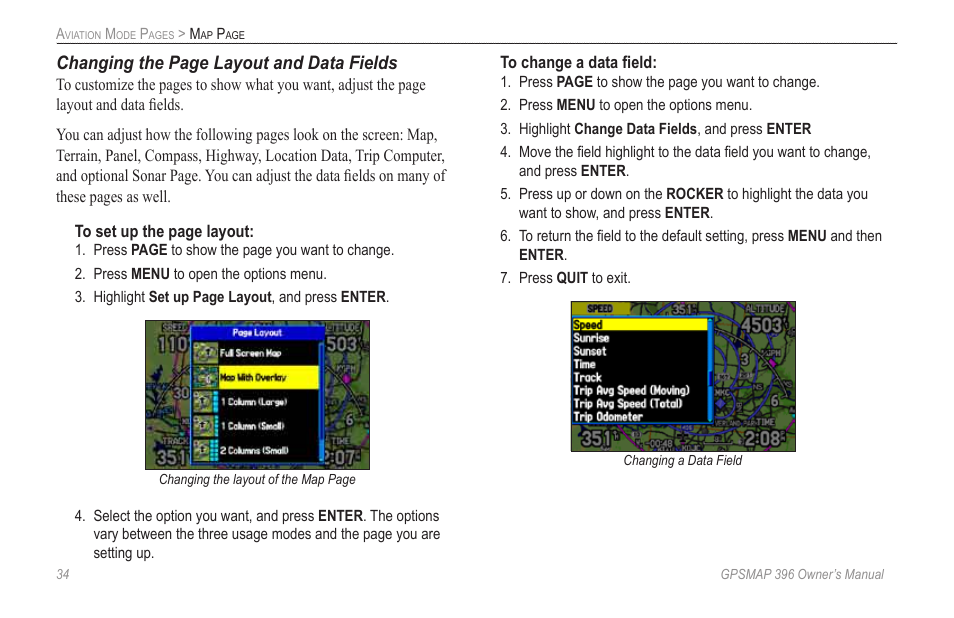 Changing the page layout and data fields | Garmin GPSMAP 396 User Manual | Page 42 / 192
