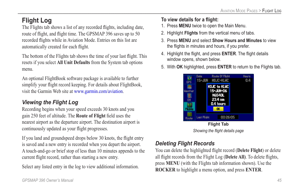 Flight log | Garmin GPSMAP 396 User Manual | Page 53 / 192