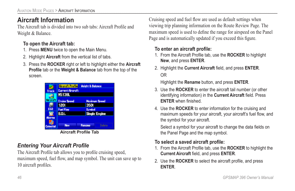 Aircraft information | Garmin GPSMAP 396 User Manual | Page 54 / 192