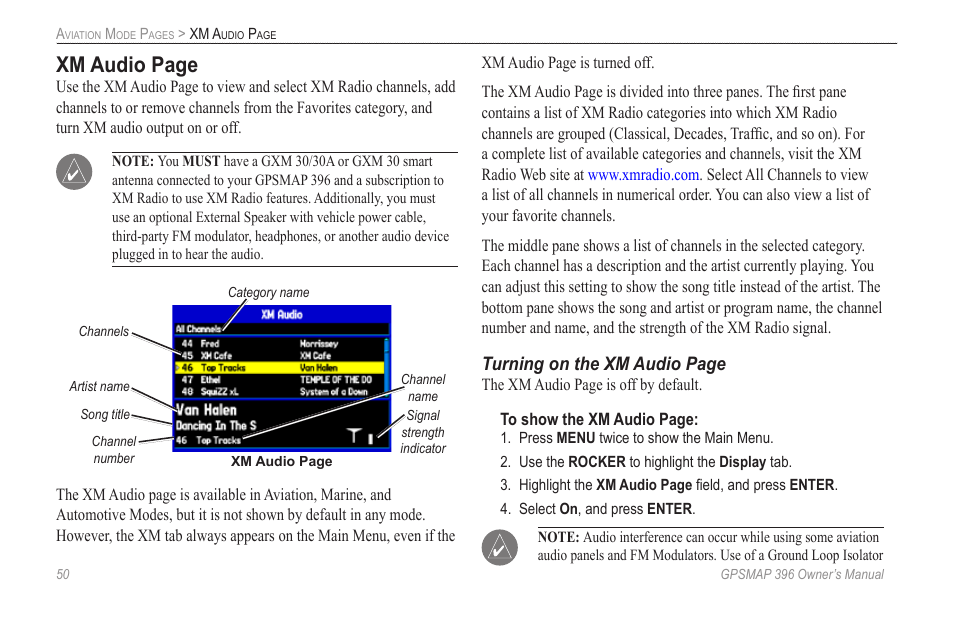 Xm audio page | Garmin GPSMAP 396 User Manual | Page 58 / 192