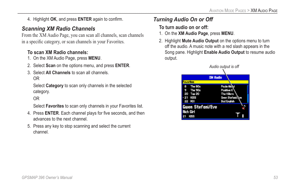 Scanning xm radio channels, Turning audio on or off | Garmin GPSMAP 396 User Manual | Page 61 / 192