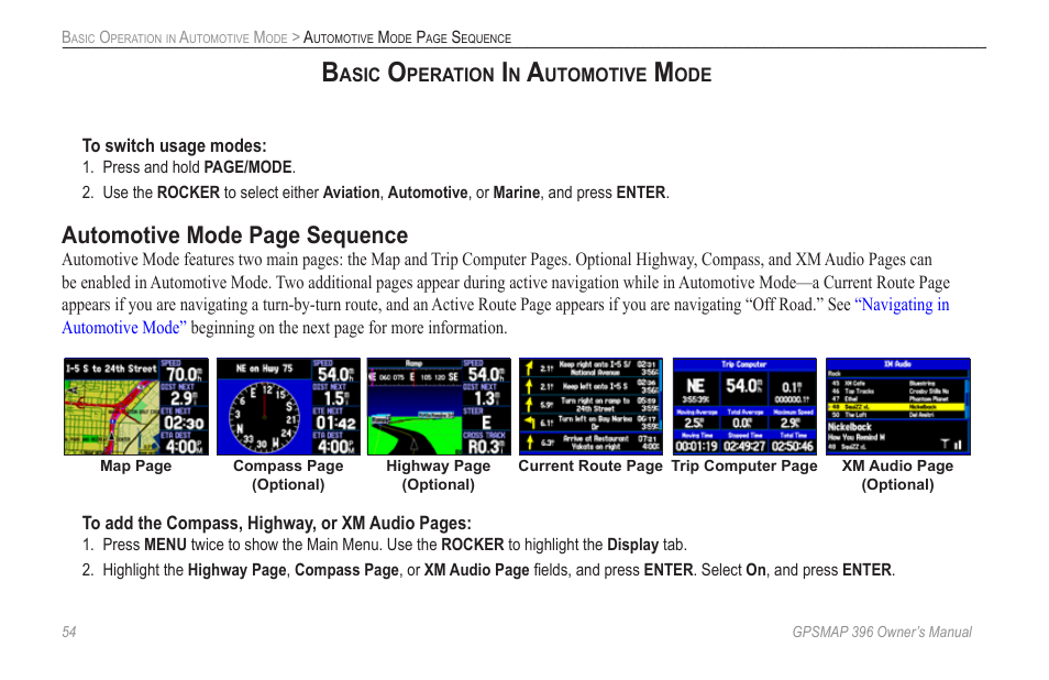 Basic operation in automotive mode, Automotive mode page sequence | Garmin GPSMAP 396 User Manual | Page 62 / 192