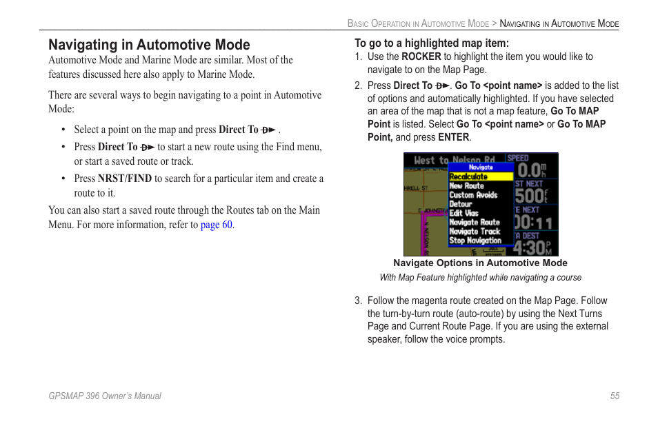 Navigating in automotive mode | Garmin GPSMAP 396 User Manual | Page 63 / 192