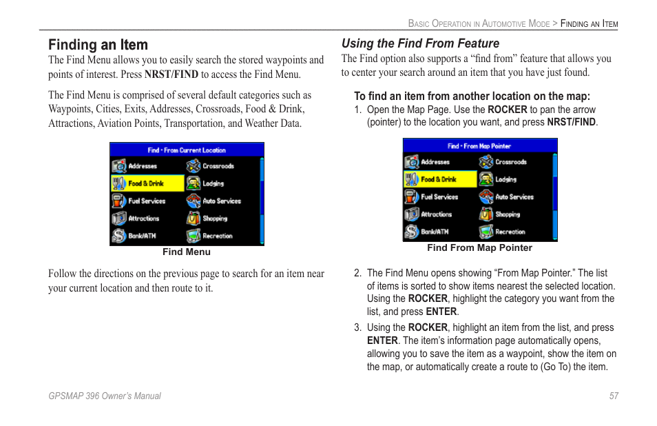 Finding an item, Finding an item an item, Using the find from feature | Garmin GPSMAP 396 User Manual | Page 65 / 192