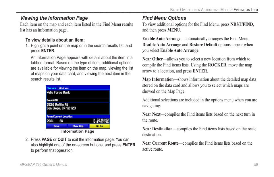 Viewing the information page, Find menu options | Garmin GPSMAP 396 User Manual | Page 67 / 192