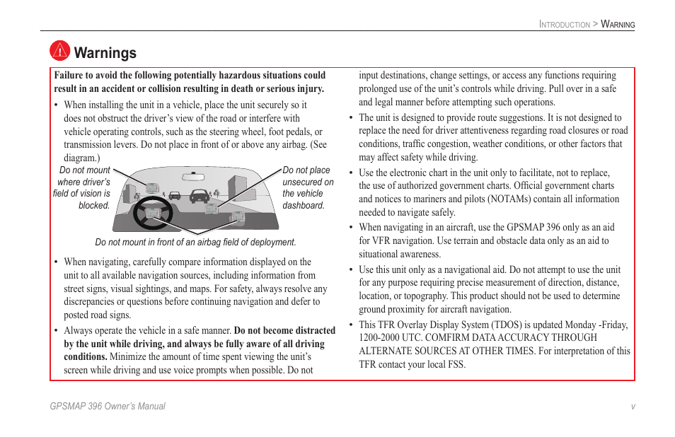 Warnings | Garmin GPSMAP 396 User Manual | Page 7 / 192