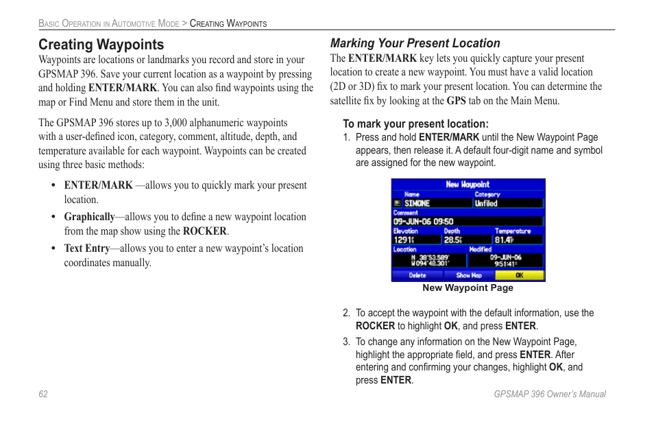 Creating waypoints | Garmin GPSMAP 396 User Manual | Page 70 / 192