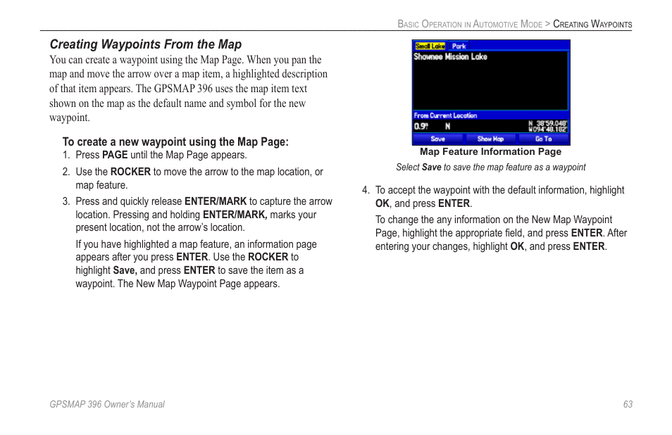 Creating waypoints from the map | Garmin GPSMAP 396 User Manual | Page 71 / 192