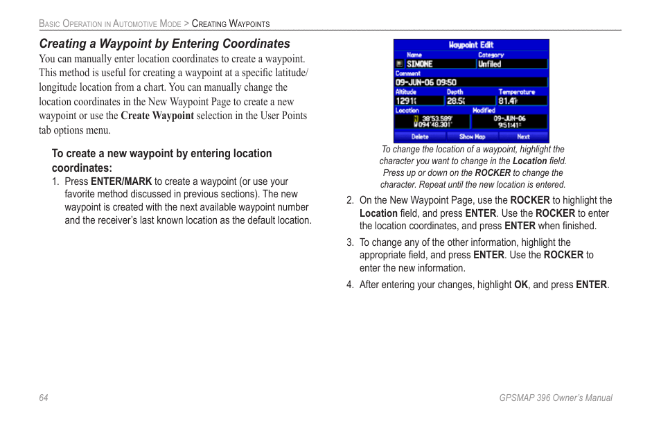 Creating a waypoint by entering coordinates | Garmin GPSMAP 396 User Manual | Page 72 / 192