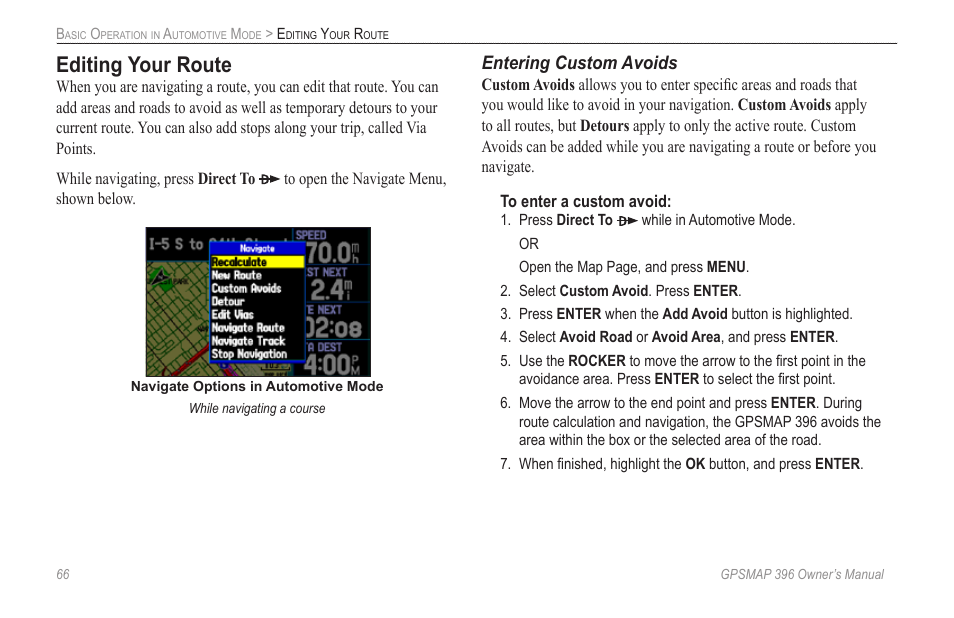 Editing your route, Entering custom avoids | Garmin GPSMAP 396 User Manual | Page 74 / 192