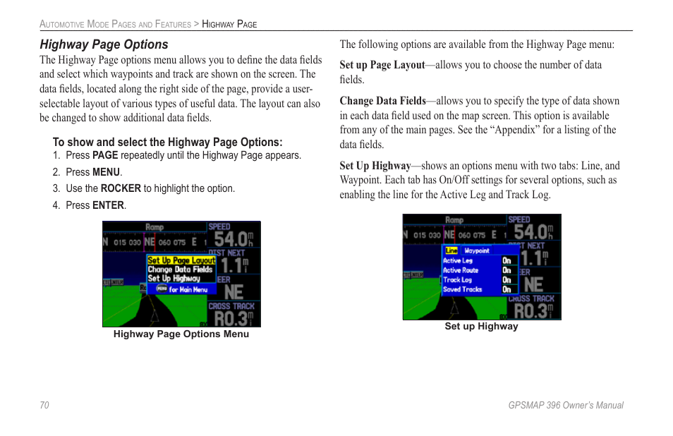 Highway page options | Garmin GPSMAP 396 User Manual | Page 78 / 192