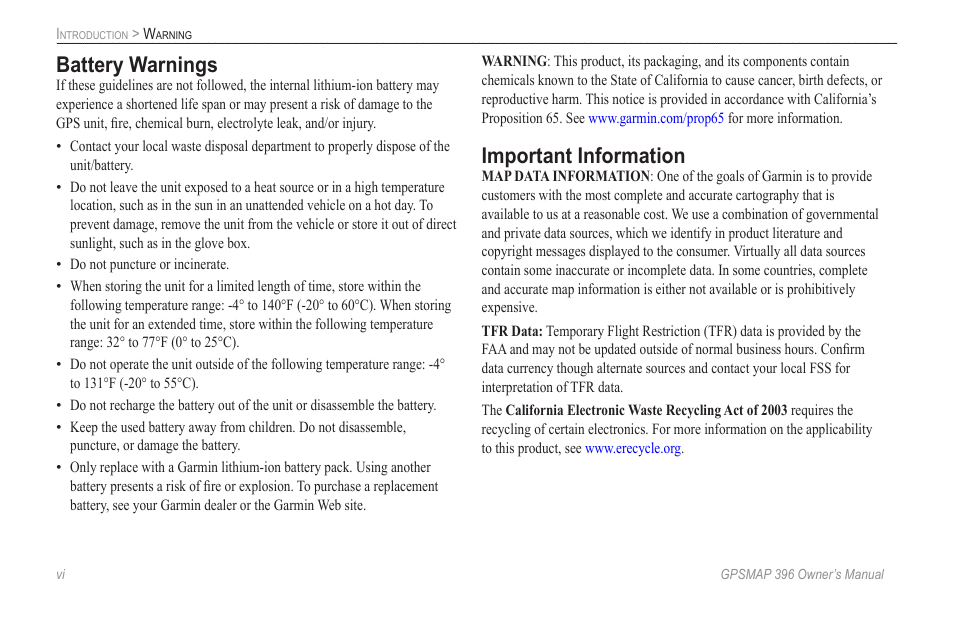 Battery warnings, Important information | Garmin GPSMAP 396 User Manual | Page 8 / 192