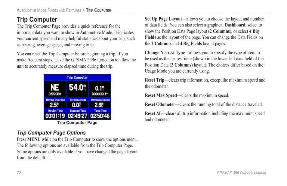 Trip computer, Trip computer page options | Garmin GPSMAP 396 User Manual | Page 80 / 192