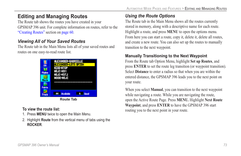 Editing and managing routes, Beginning on | Garmin GPSMAP 396 User Manual | Page 81 / 192
