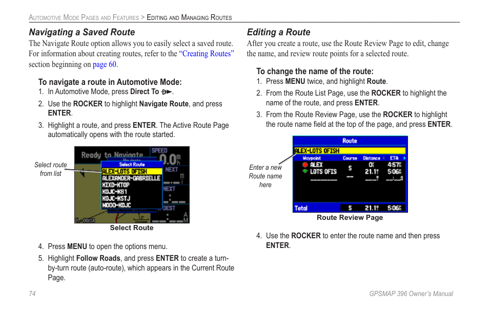 Navigating a saved route, Editing a route | Garmin GPSMAP 396 User Manual | Page 82 / 192