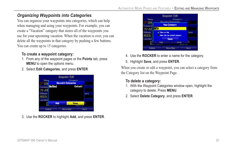 Organizing waypoints into categories | Garmin GPSMAP 396 User Manual | Page 89 / 192