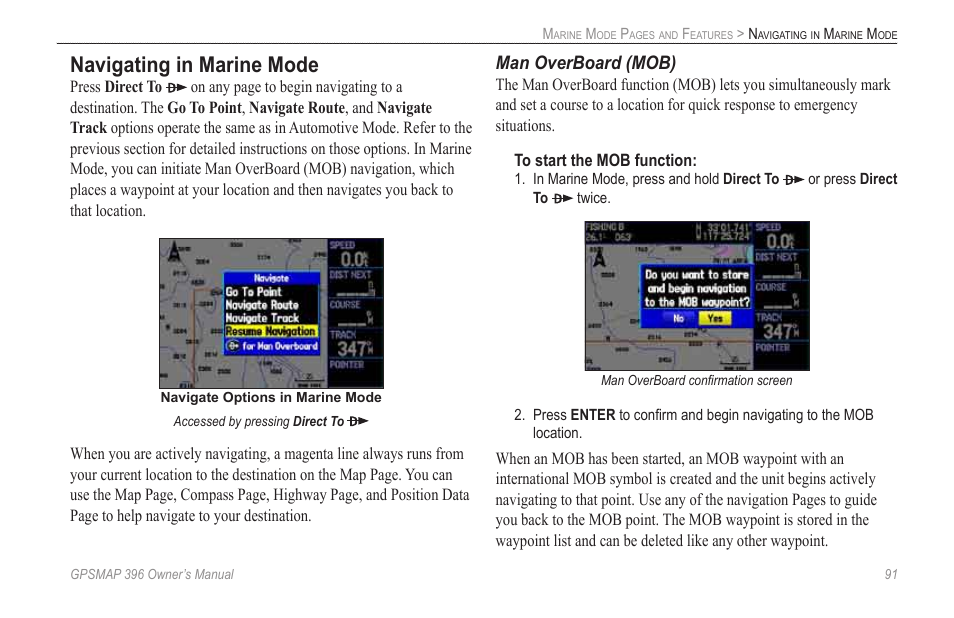 Navigating in marine mode, Man overboard (mob) | Garmin GPSMAP 396 User Manual | Page 99 / 192