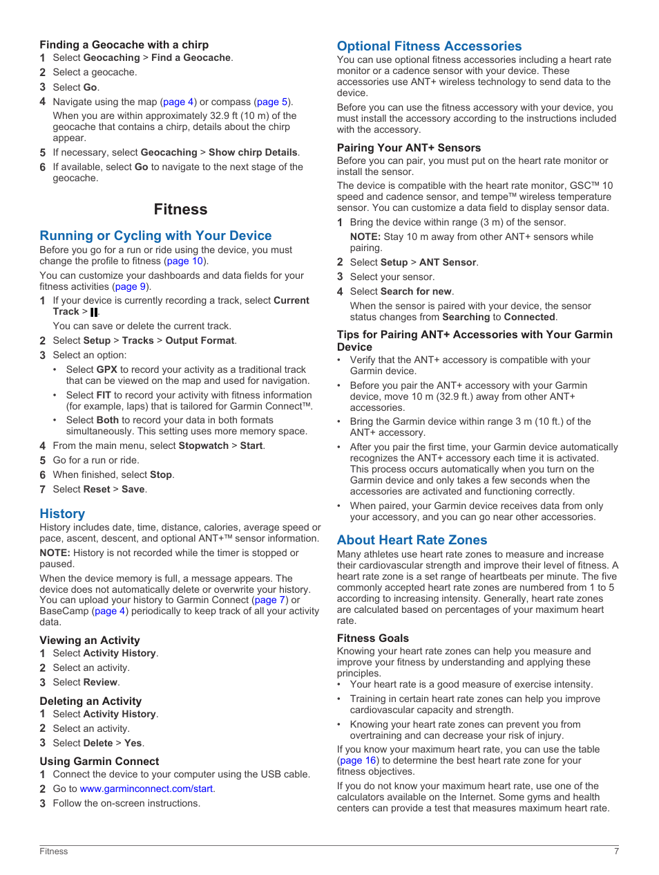 Finding a geocache with a chirp, Fitness, Running or cycling with your device | History, Viewing an activity, Deleting an activity, Using garmin connect, Optional fitness accessories, Pairing your ant‍+ sensors, About heart rate zones | Garmin Oregon 650t User Manual | Page 11 / 22