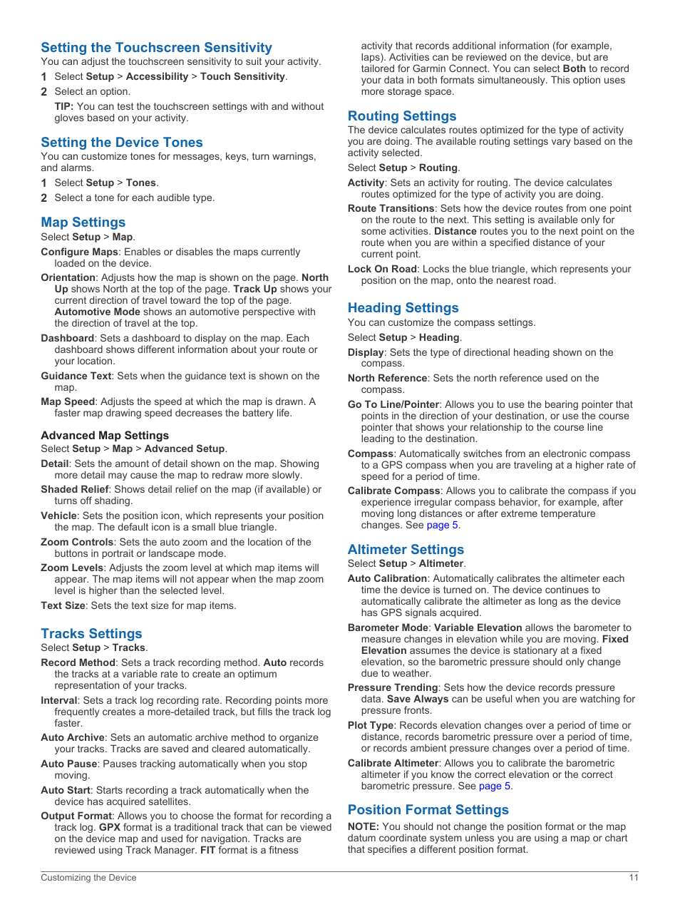 Setting the touchscreen sensitivity, Setting the device tones, Map settings | Advanced map settings, Tracks settings, Routing settings, Heading settings, Altimeter settings, Position format settings | Garmin Oregon 650t User Manual | Page 15 / 22