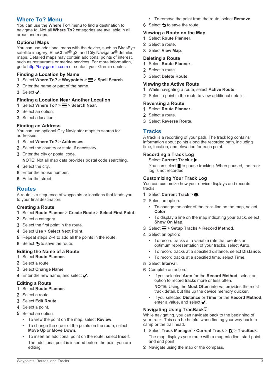 Where to? menu, Optional maps, Finding a location by name | Finding a location near another location, Finding an address, Routes, Creating a route, Editing the name of a route, Editing a route, Viewing a route on the map | Garmin Oregon 650t User Manual | Page 7 / 22