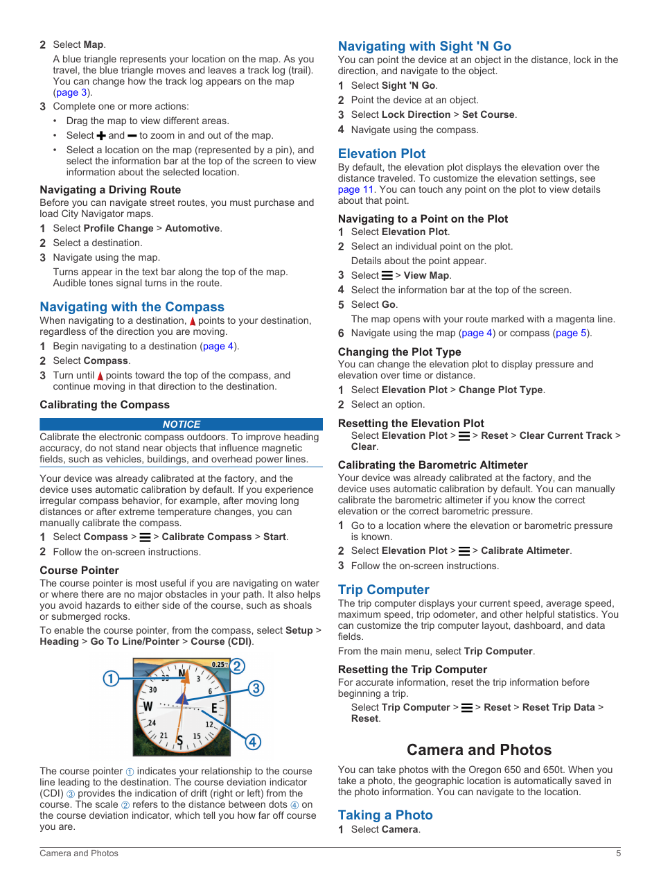 Navigating a driving route, Navigating with the compass, Calibrating the compass | Course pointer, Navigating with sight 'n go, Elevation plot, Navigating to a point on the plot, Changing the plot type, Resetting the elevation plot, Calibrating the barometric altimeter | Garmin Oregon 650t User Manual | Page 9 / 22