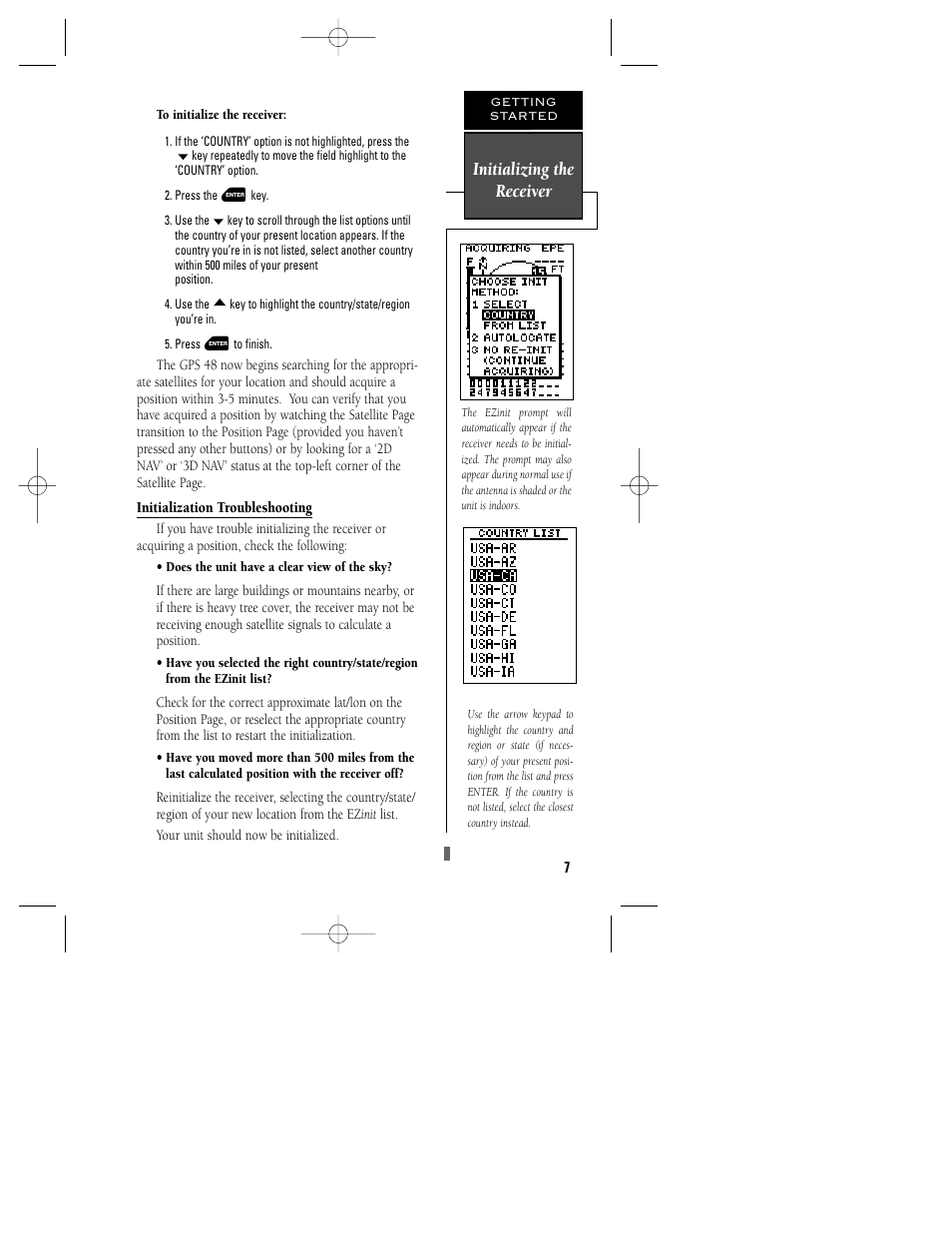 Initializing the receiver | Garmin GPS 48 User Manual | Page 11 / 74