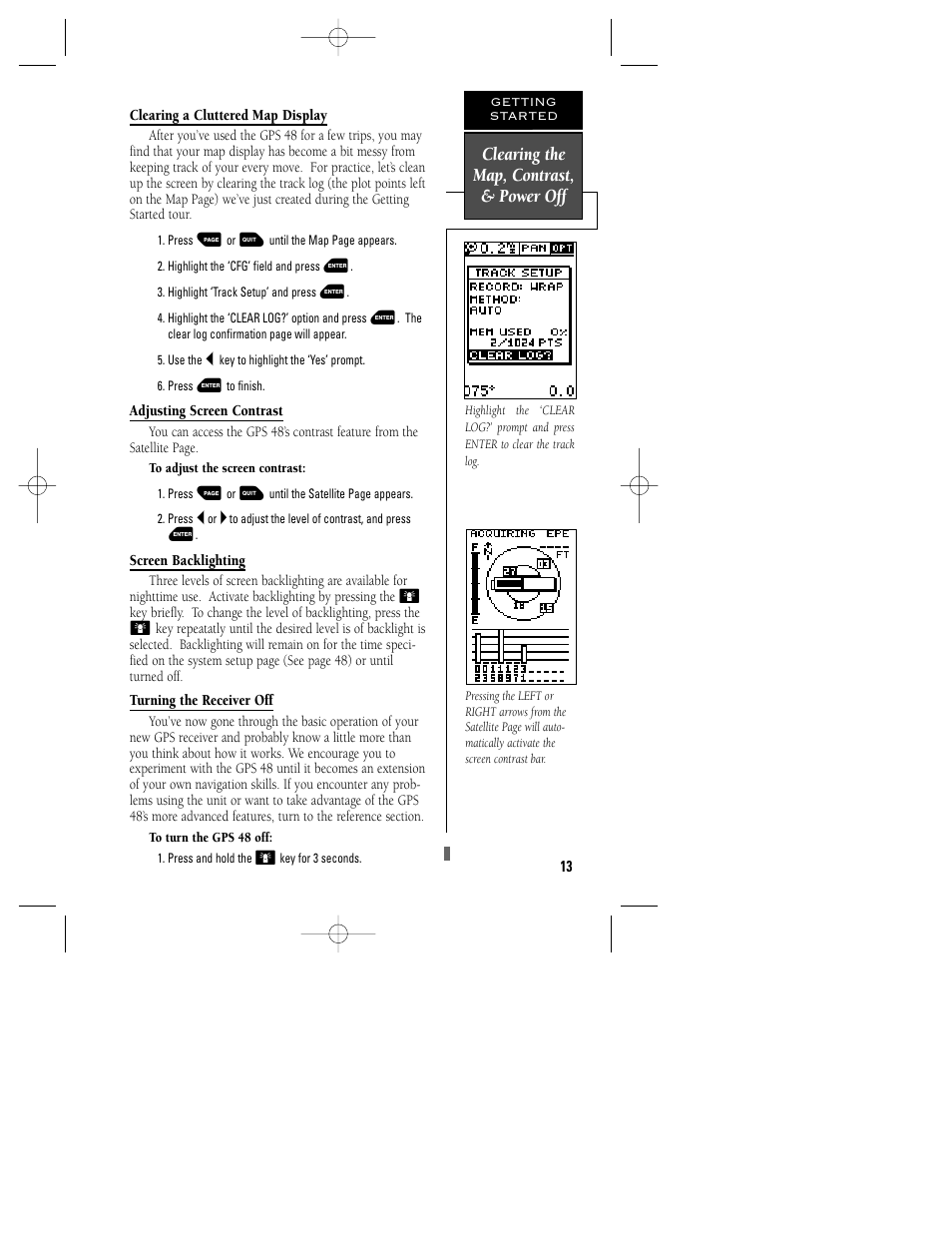 Clearing the map, contrast, & power off | Garmin GPS 48 User Manual | Page 17 / 74