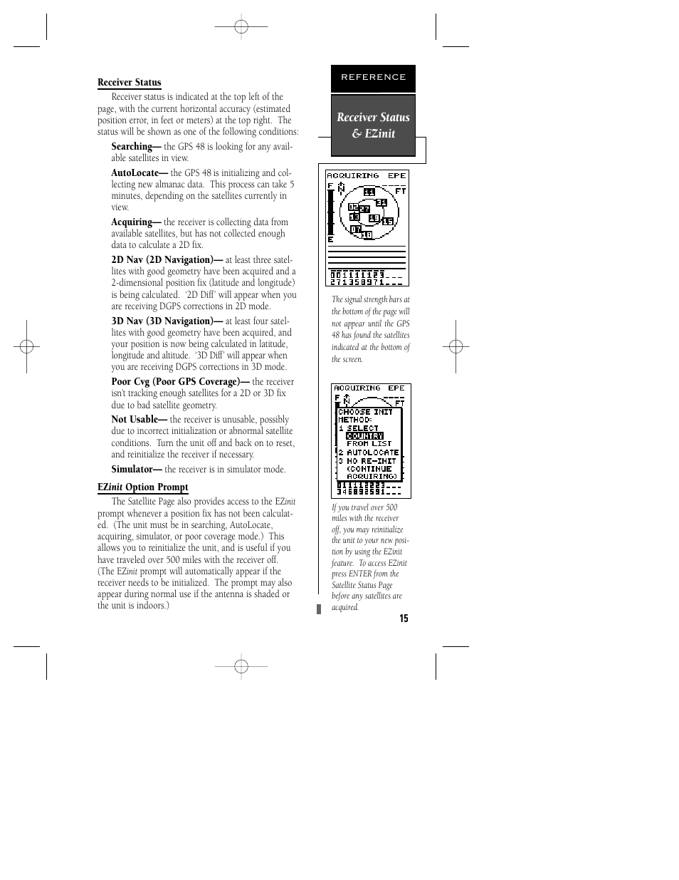 Receiver status & ezinit | Garmin GPS 48 User Manual | Page 19 / 74