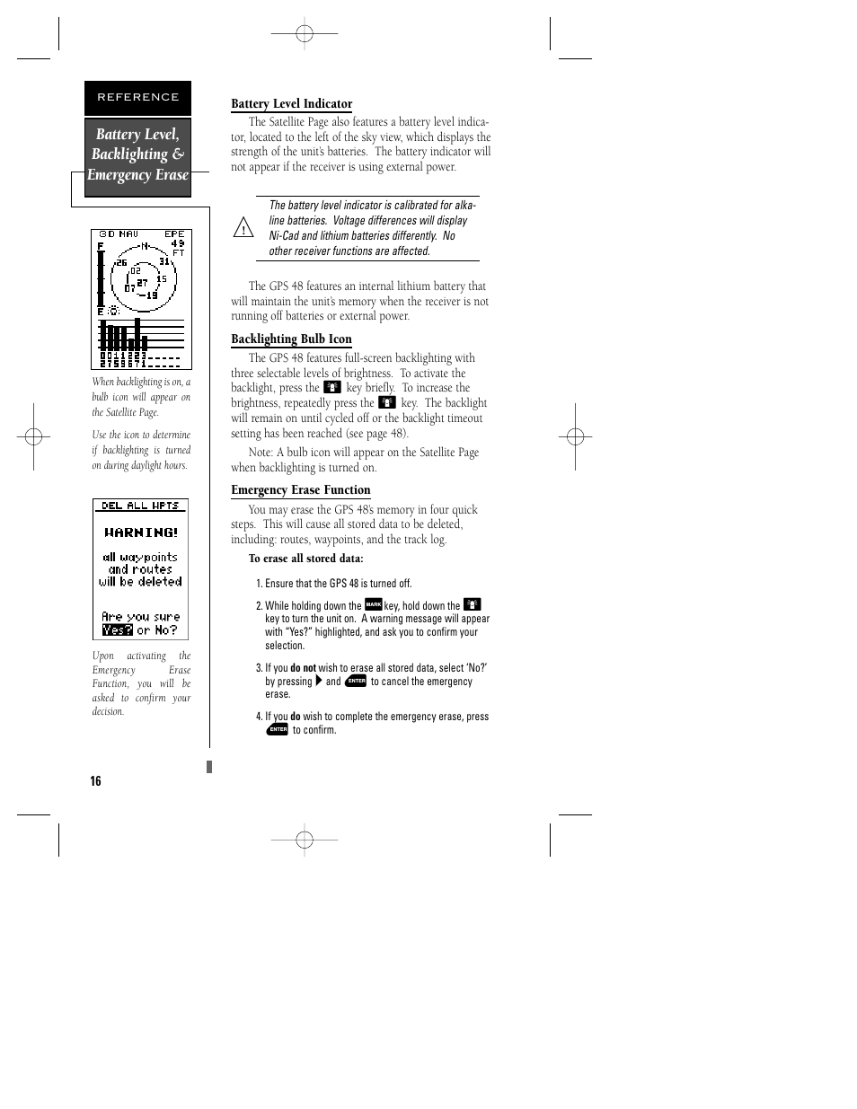 Battery level, backlighting & emergency erase | Garmin GPS 48 User Manual | Page 20 / 74