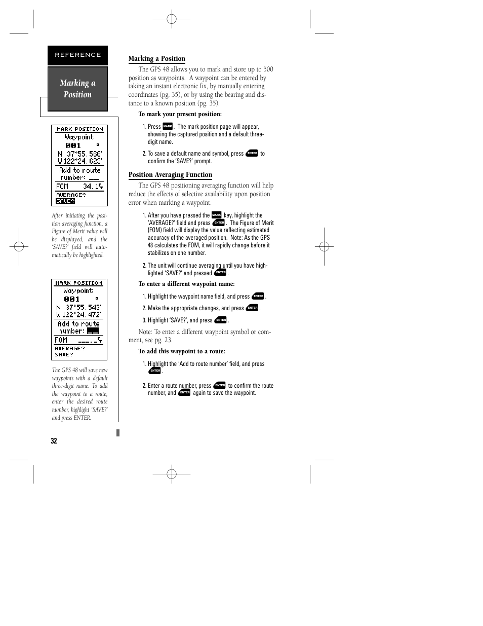 Marking a position | Garmin GPS 48 User Manual | Page 36 / 74