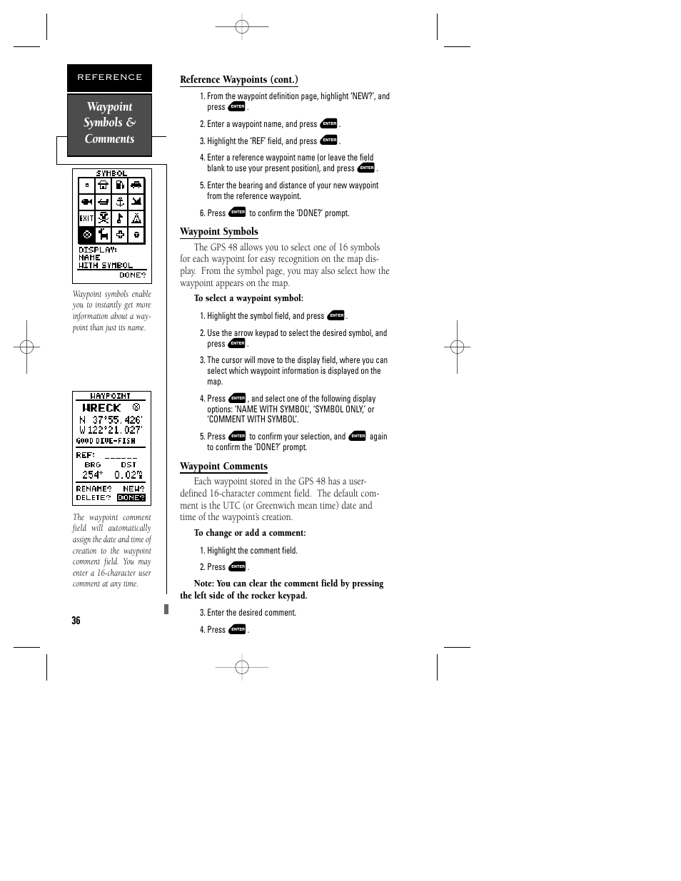 Waypoint symbols & comments | Garmin GPS 48 User Manual | Page 40 / 74