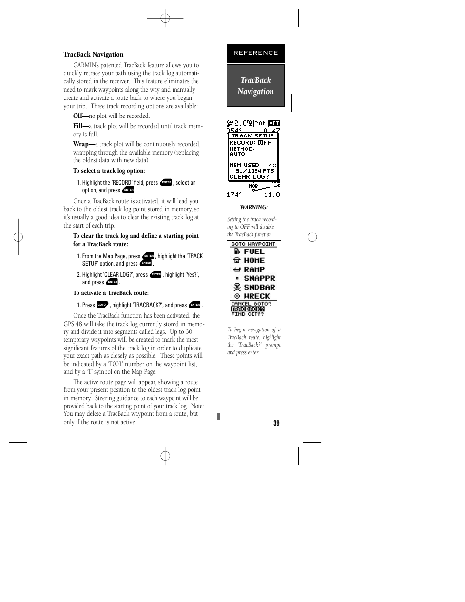 Tracback navigation | Garmin GPS 48 User Manual | Page 43 / 74