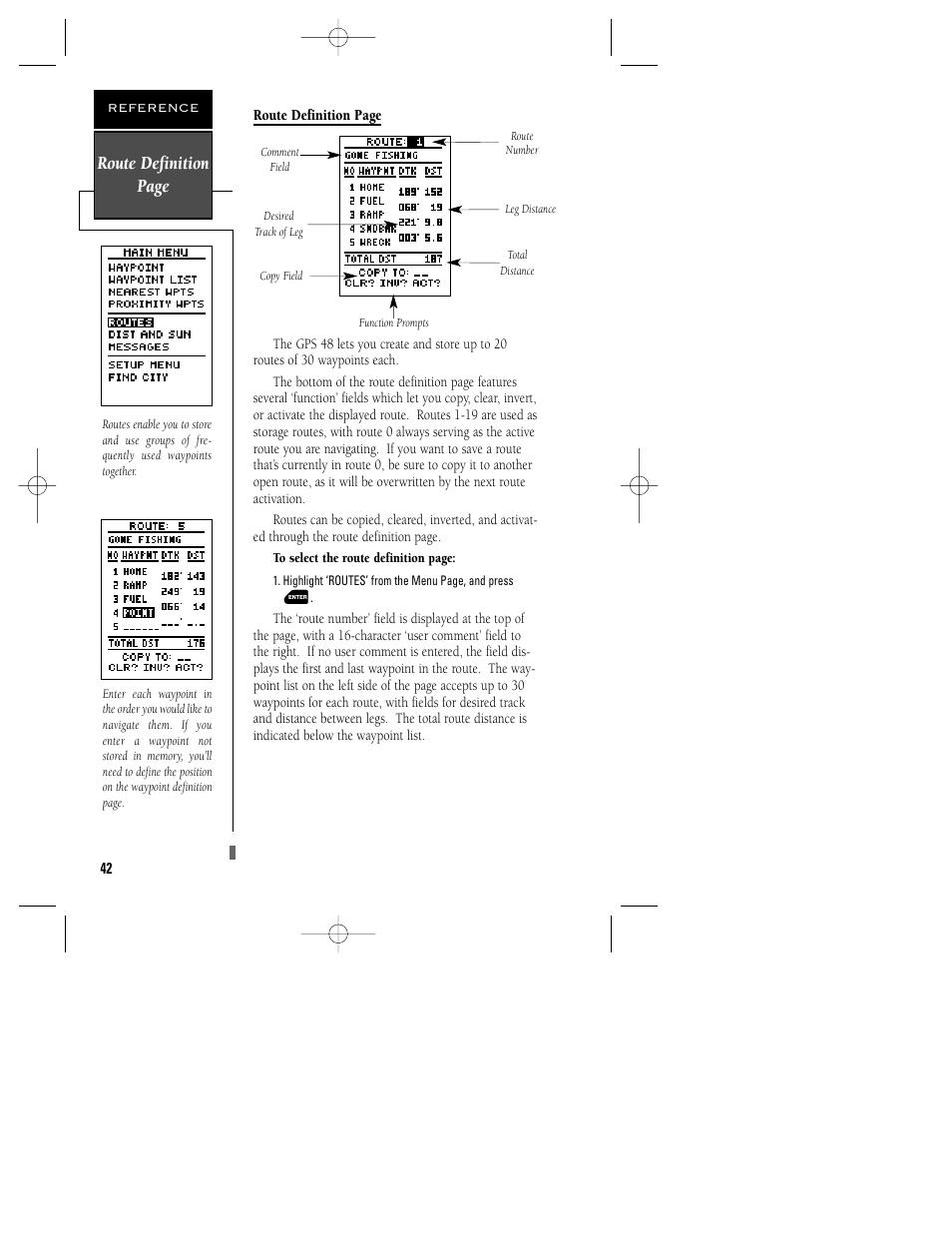 Route definition page | Garmin GPS 48 User Manual | Page 46 / 74