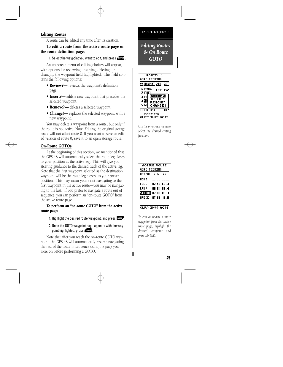 Editing routes & on route goto | Garmin GPS 48 User Manual | Page 49 / 74