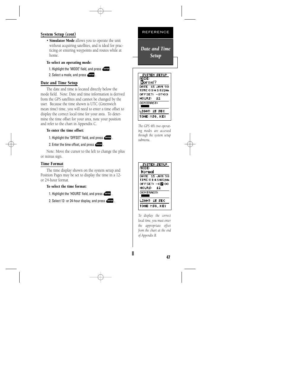 Date and time setup | Garmin GPS 48 User Manual | Page 51 / 74