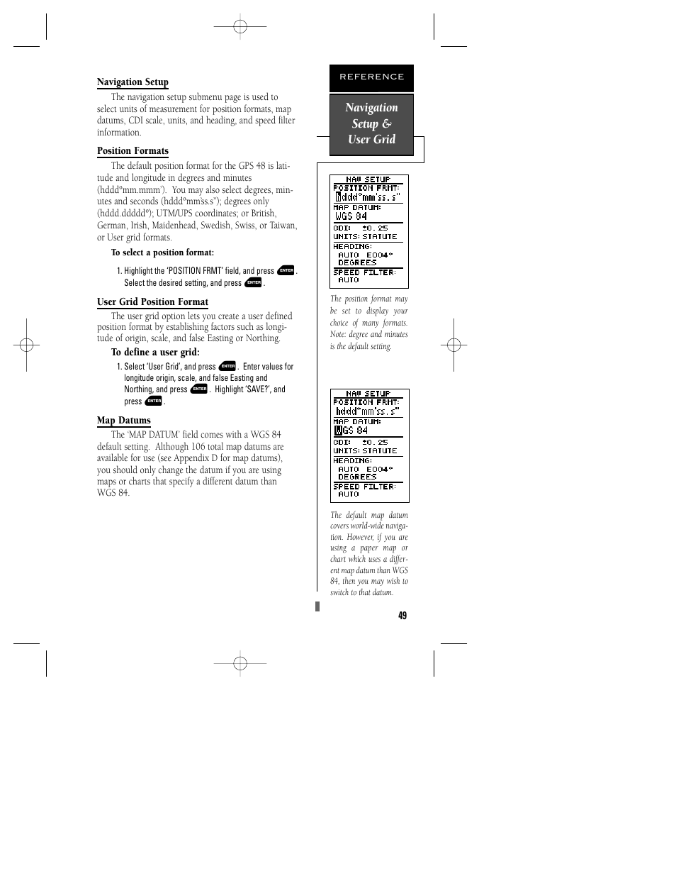 Navigation setup & user grid | Garmin GPS 48 User Manual | Page 53 / 74