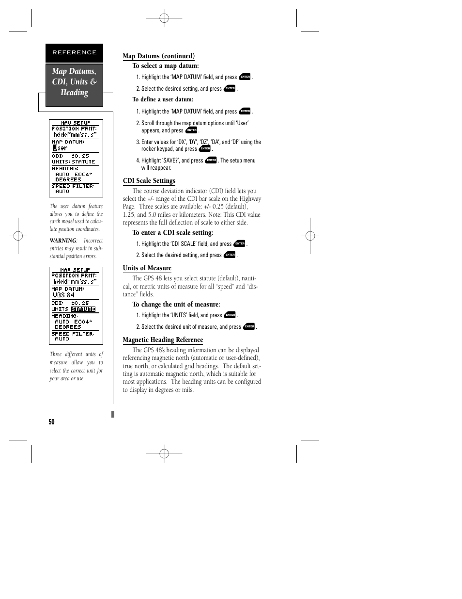 Map datums, cdi, units & heading | Garmin GPS 48 User Manual | Page 54 / 74