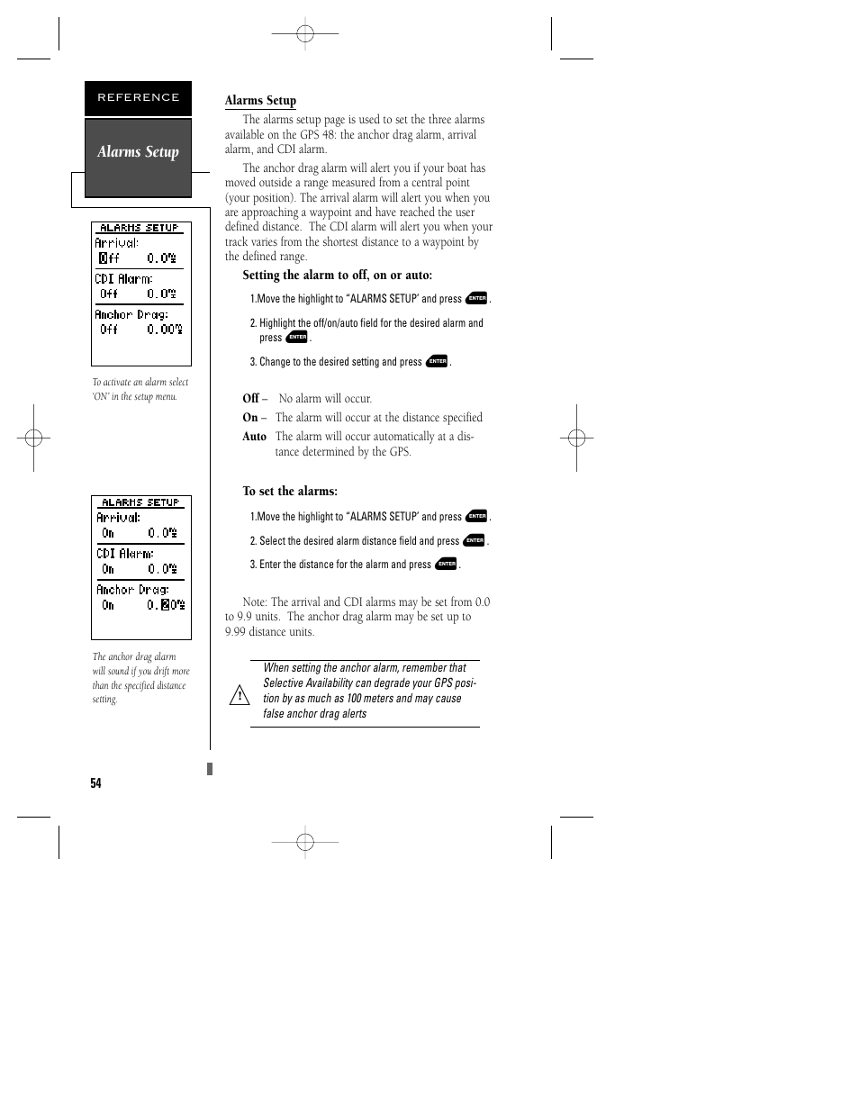 Alarms setup | Garmin GPS 48 User Manual | Page 58 / 74