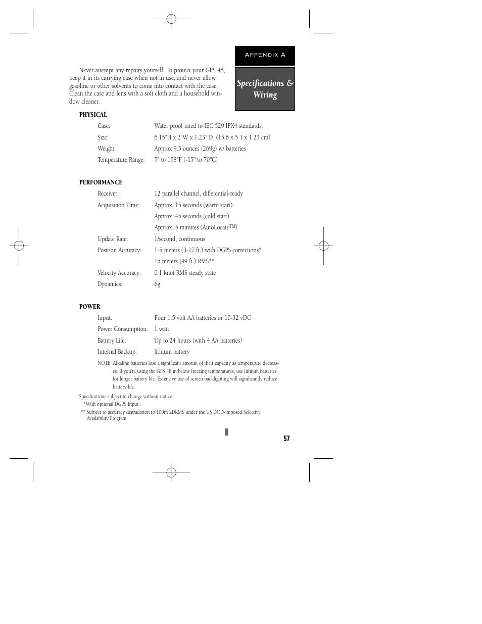 Specifications & wiring | Garmin GPS 48 User Manual | Page 61 / 74