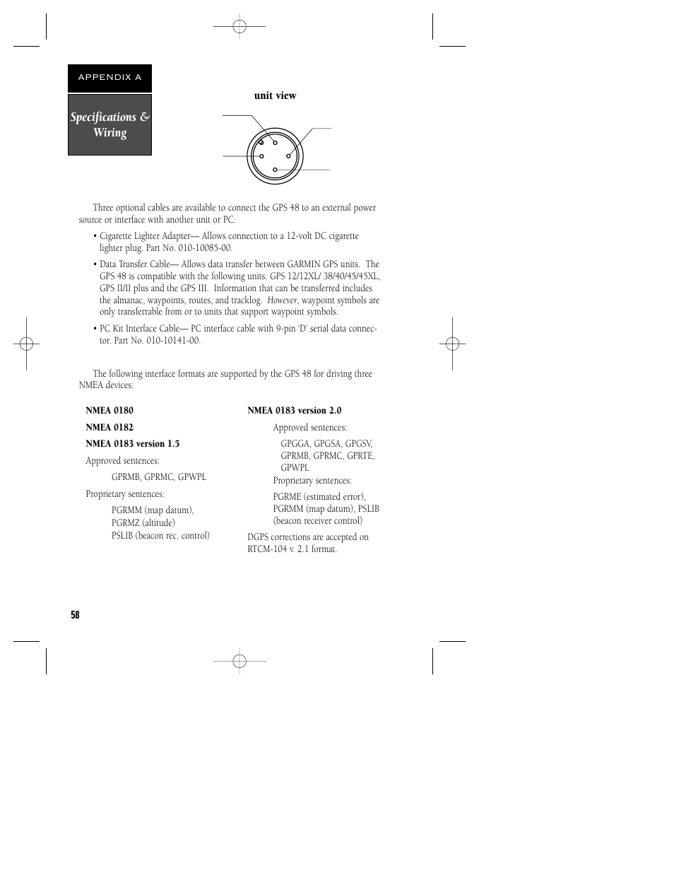 Specifications & wiring, Unit view | Garmin GPS 48 User Manual | Page 62 / 74