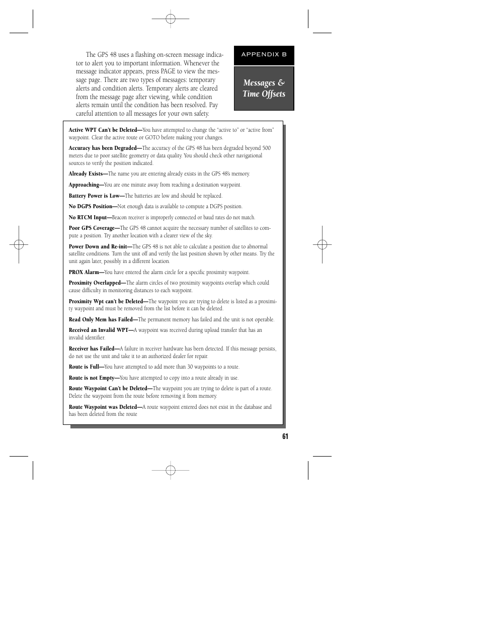 Messages & time offsets | Garmin GPS 48 User Manual | Page 65 / 74