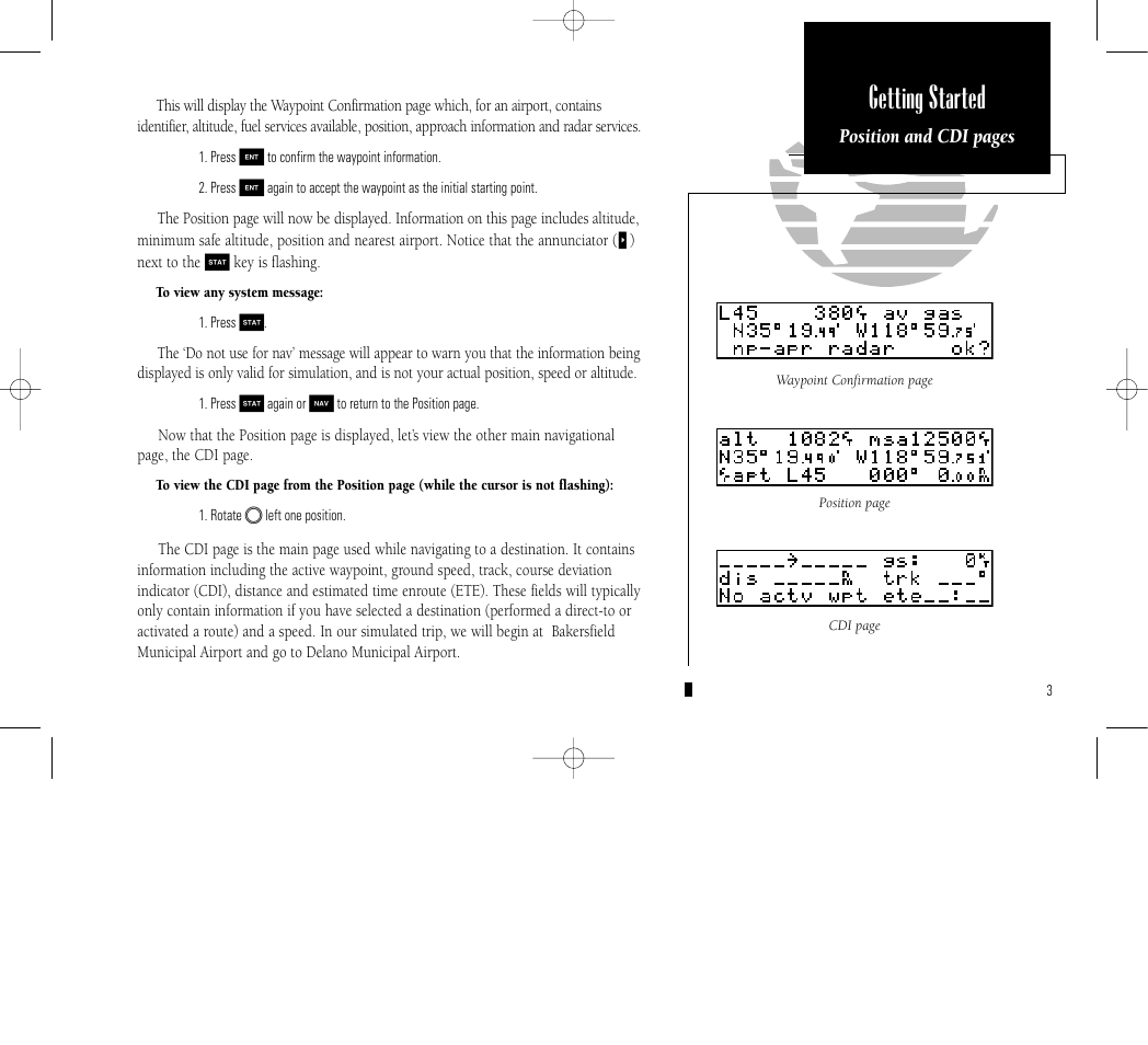 Getting started, Position and cdi pages | Garmin GPS 150 User Manual | Page 13 / 98