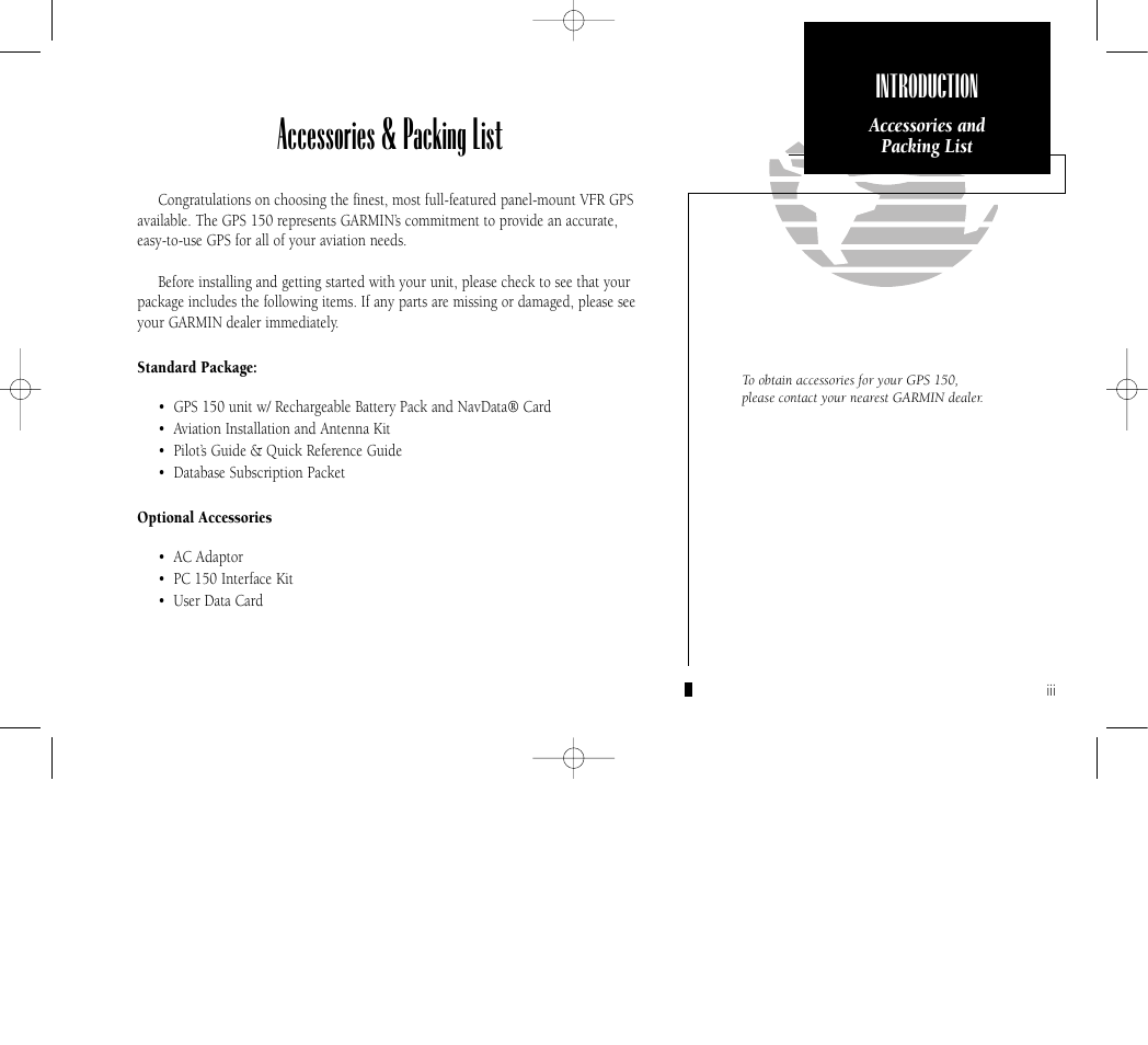 Accessories & packing list, Introduction | Garmin GPS 150 User Manual | Page 5 / 98