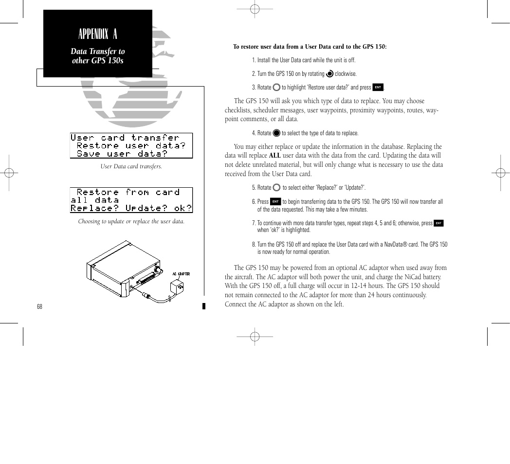 Appendix a, Data transfer to other gps 150s | Garmin GPS 150 User Manual | Page 78 / 98