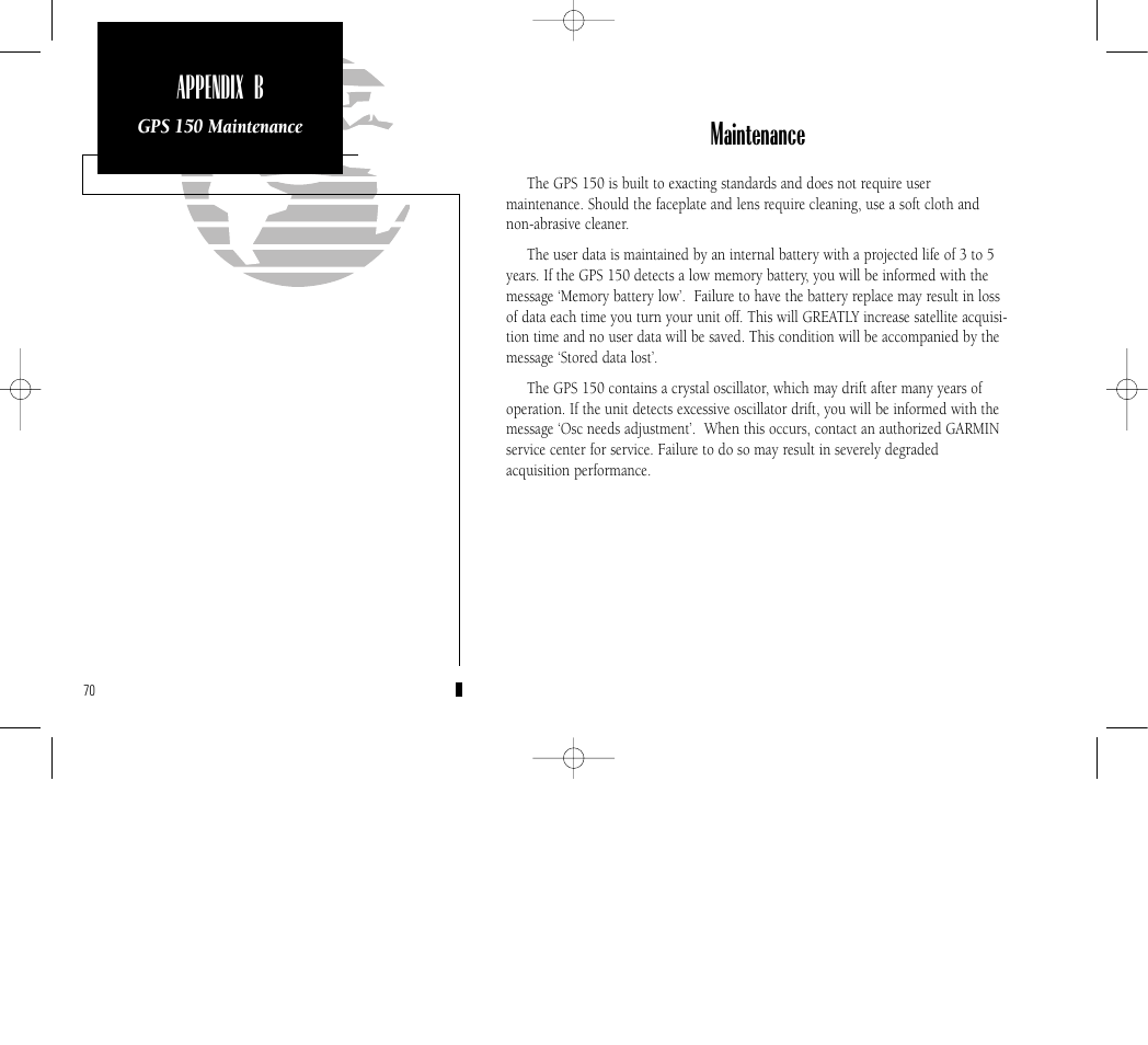 Maintenance, Appendix b | Garmin GPS 150 User Manual | Page 80 / 98
