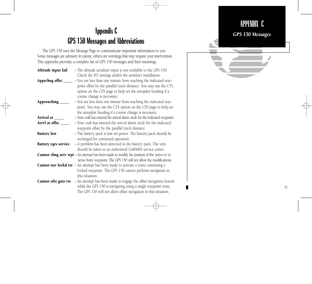 Appendix c gps 150 messages and abbreviations, Appendix c | Garmin GPS 150 User Manual | Page 81 / 98